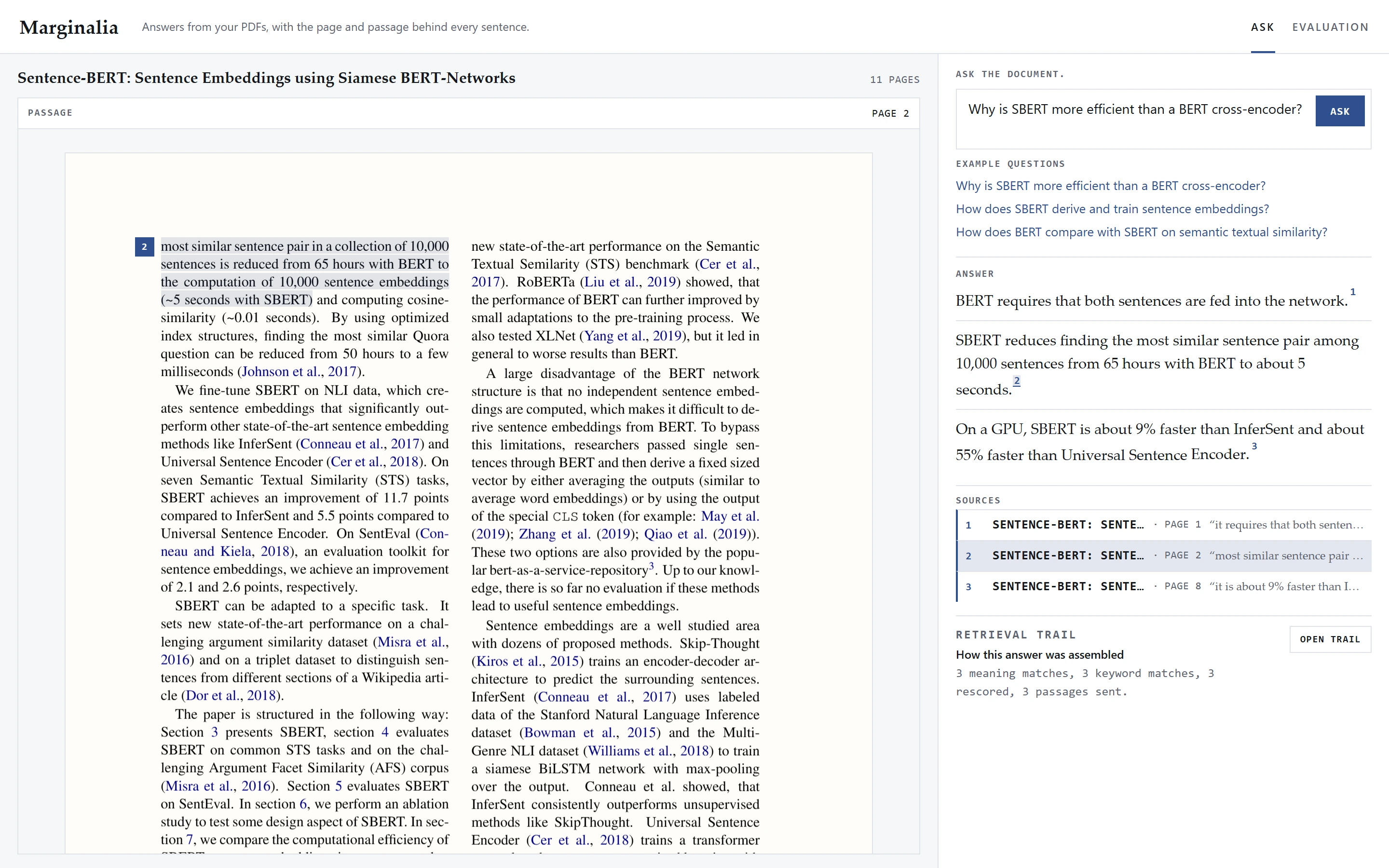 Marginalia over the Sentence-BERT paper: citation 2 selected, its verbatim quote highlighted on PDF page 2 with a margin marker, and the matching source row in the answer pane. Seeded offline demo data; no model call.