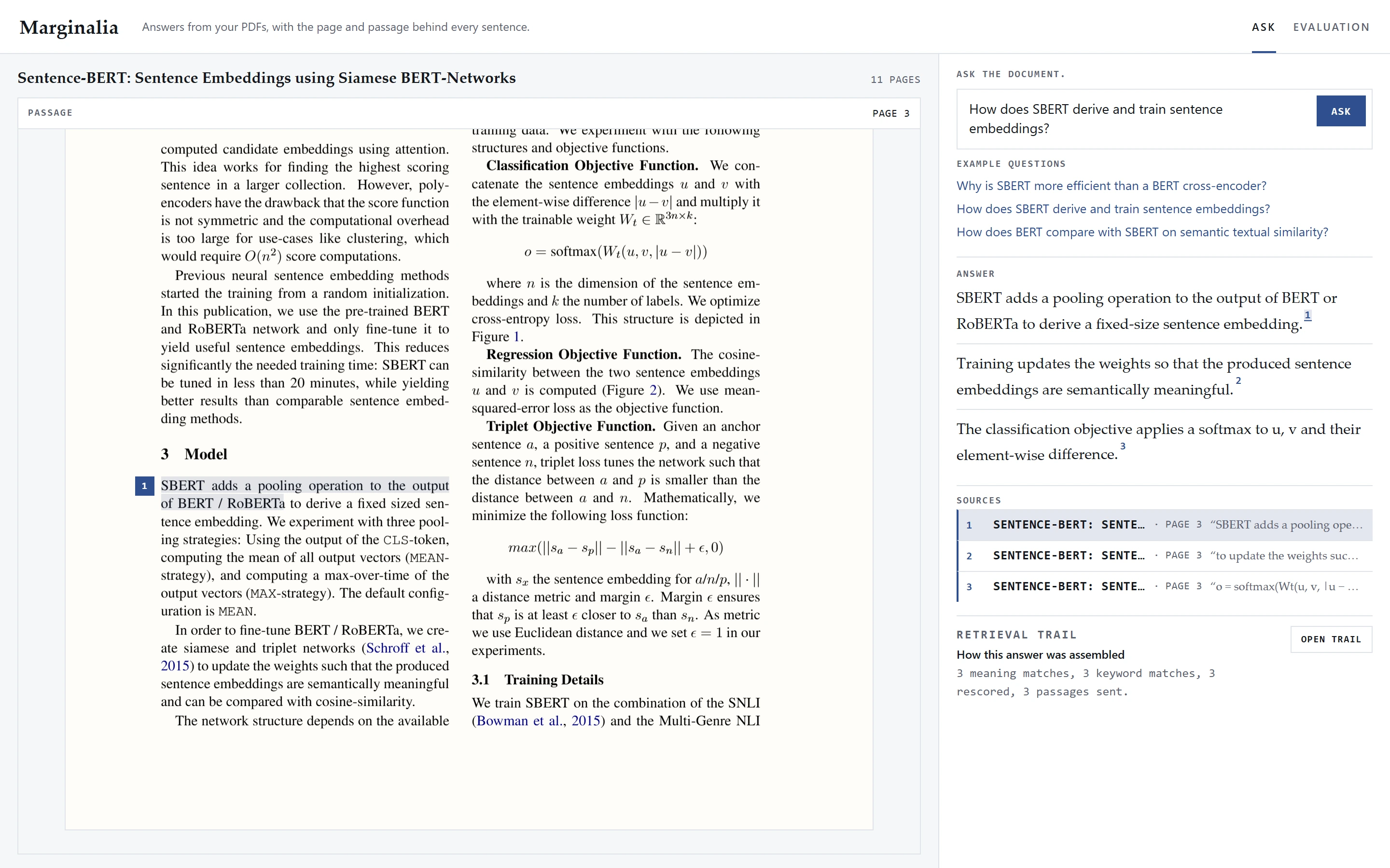 Citation view for the sentence-embedding question: the selected source quote is highlighted on PDF page 3, beside claims 1-3 and the source list. Seeded offline demo data; no model call.