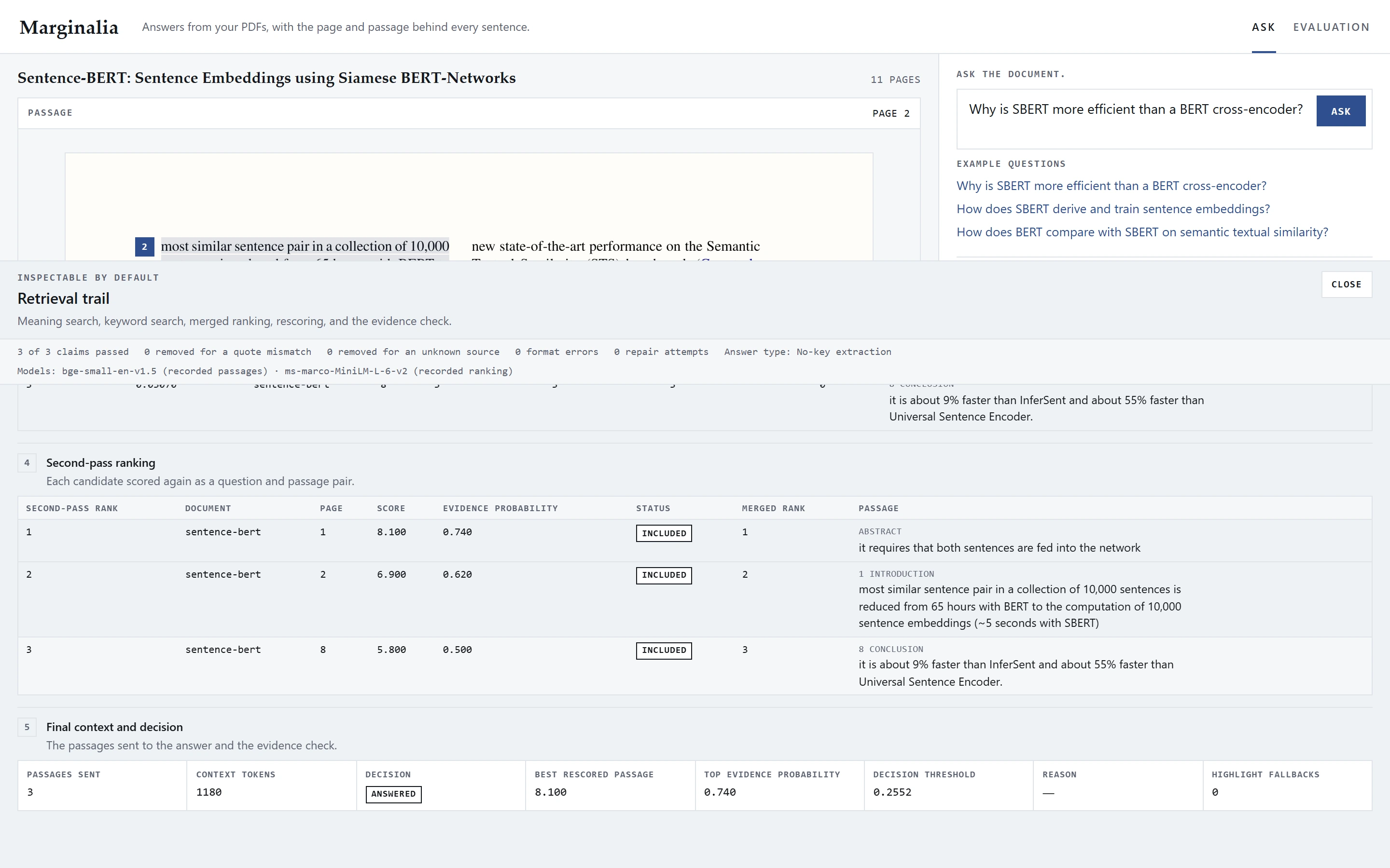 Retrieval trail at the second-pass cross-encoder section: rerank rank, score, calibrated evidence probability, kept status, then the final context and decision. Recorded demo trace, not a live request.