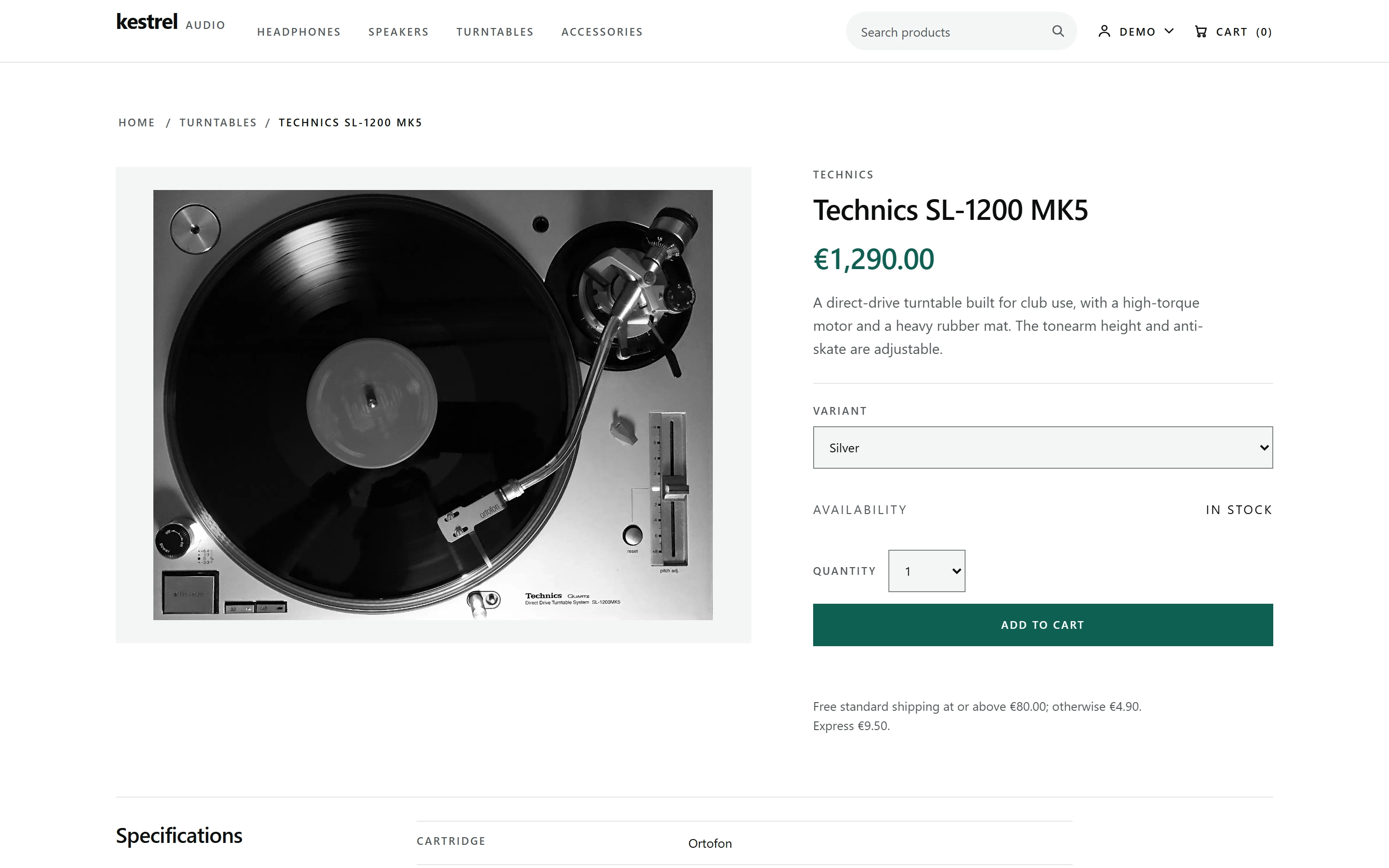 Product page for the Technics SL-1200 MK5: studio photograph on the left, buy box with price, variant, quantity and the Add to cart action on the right.