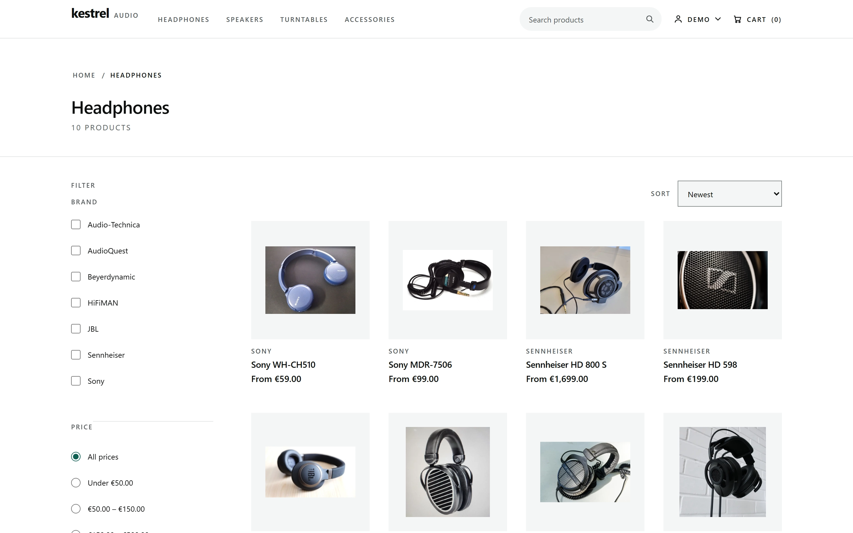 Headphones category at 1440x900: brand, price and availability filters in the left rail, a four-column product grid with ink prices, and a sort control.