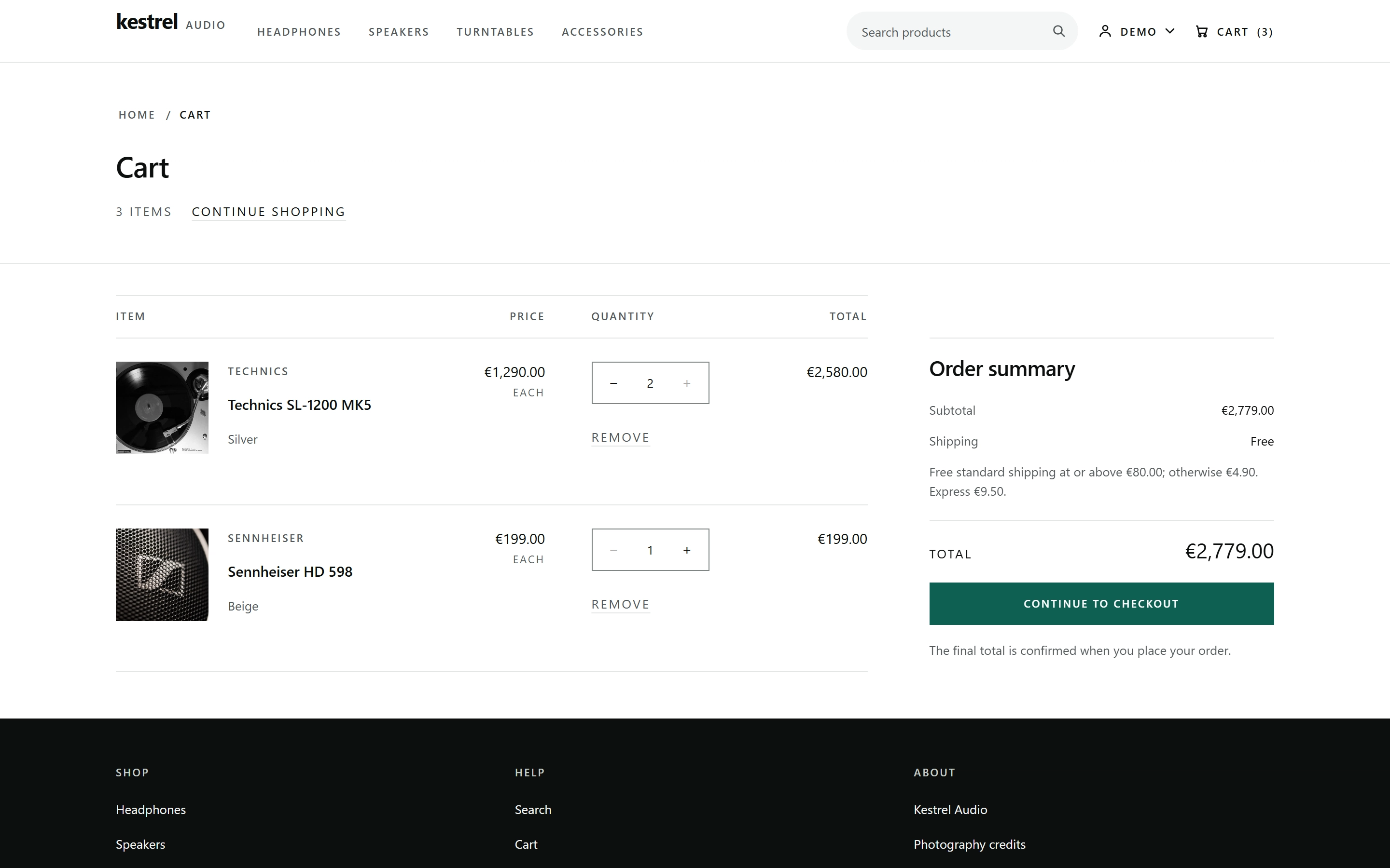 Cart table with Item, Price, Quantity and Total headers, two seeded lines at quantity 2 and 1, a server-computed order summary, and one accent checkout action.