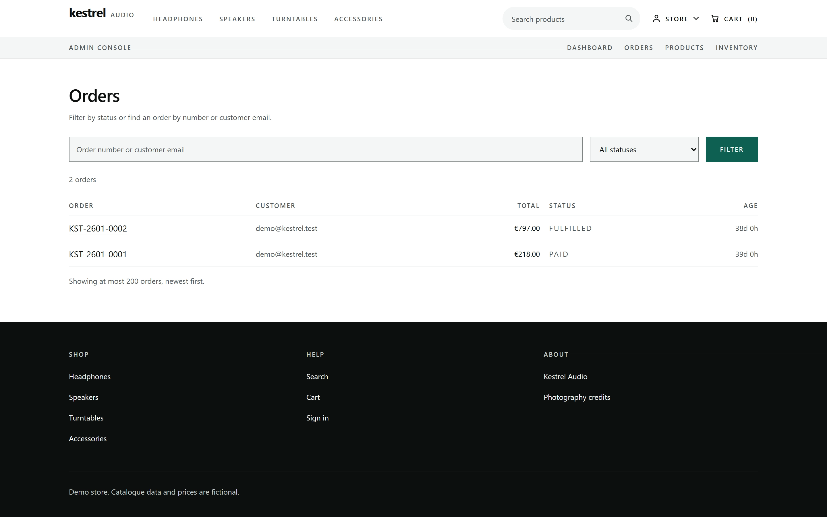 Admin orders console showing the two seeded orders with customer, total, status and age columns, and a single accent Filter action.