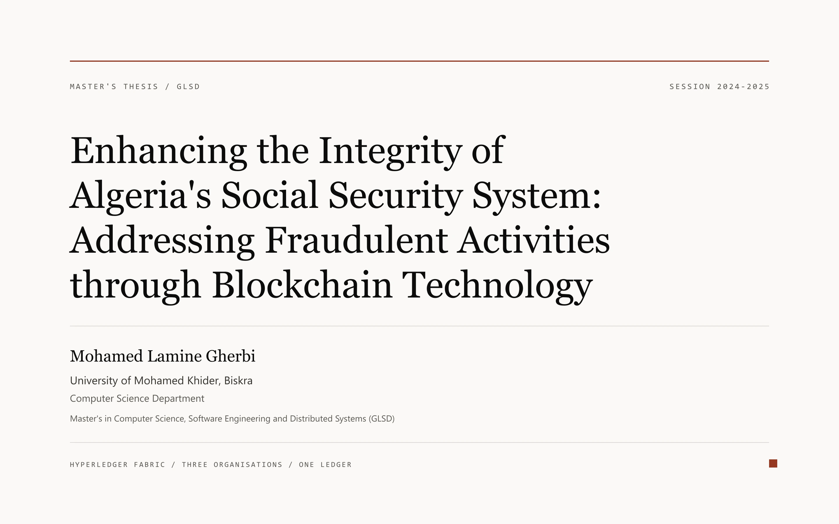 Thesis cover: Enhancing the Integrity of Algeria's Social Security System, University of Mohamed Khider, Biskra, session 2024-2025.