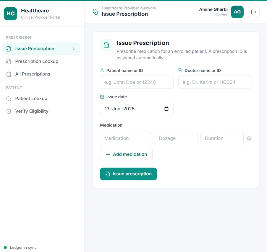 Provider portal issuing a prescription for an eligible patient.